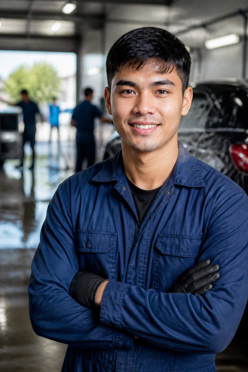 Portrait of a car wash attendant in uniform inside a busy bay