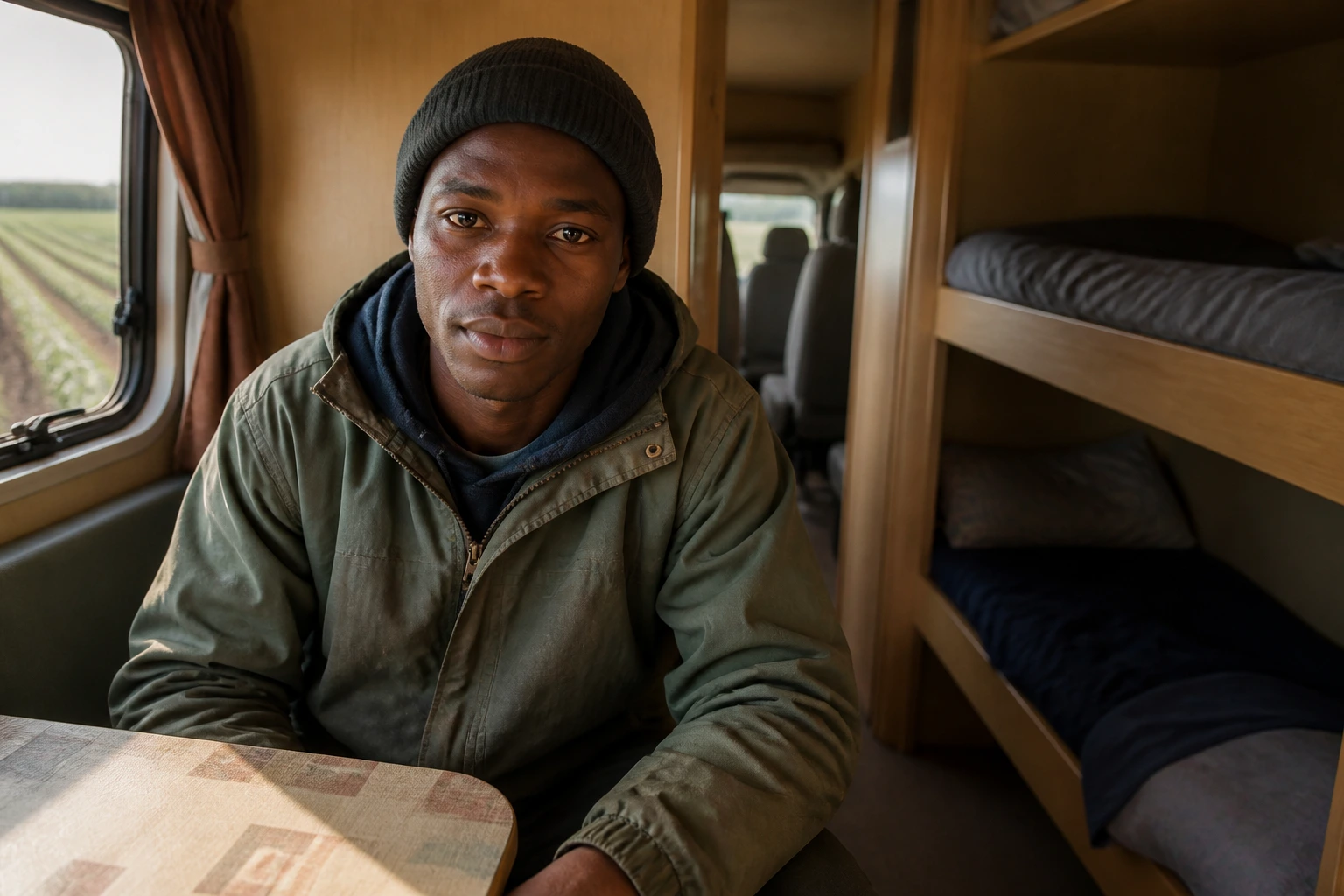 Portrait of farm worker inside a shared caravan
