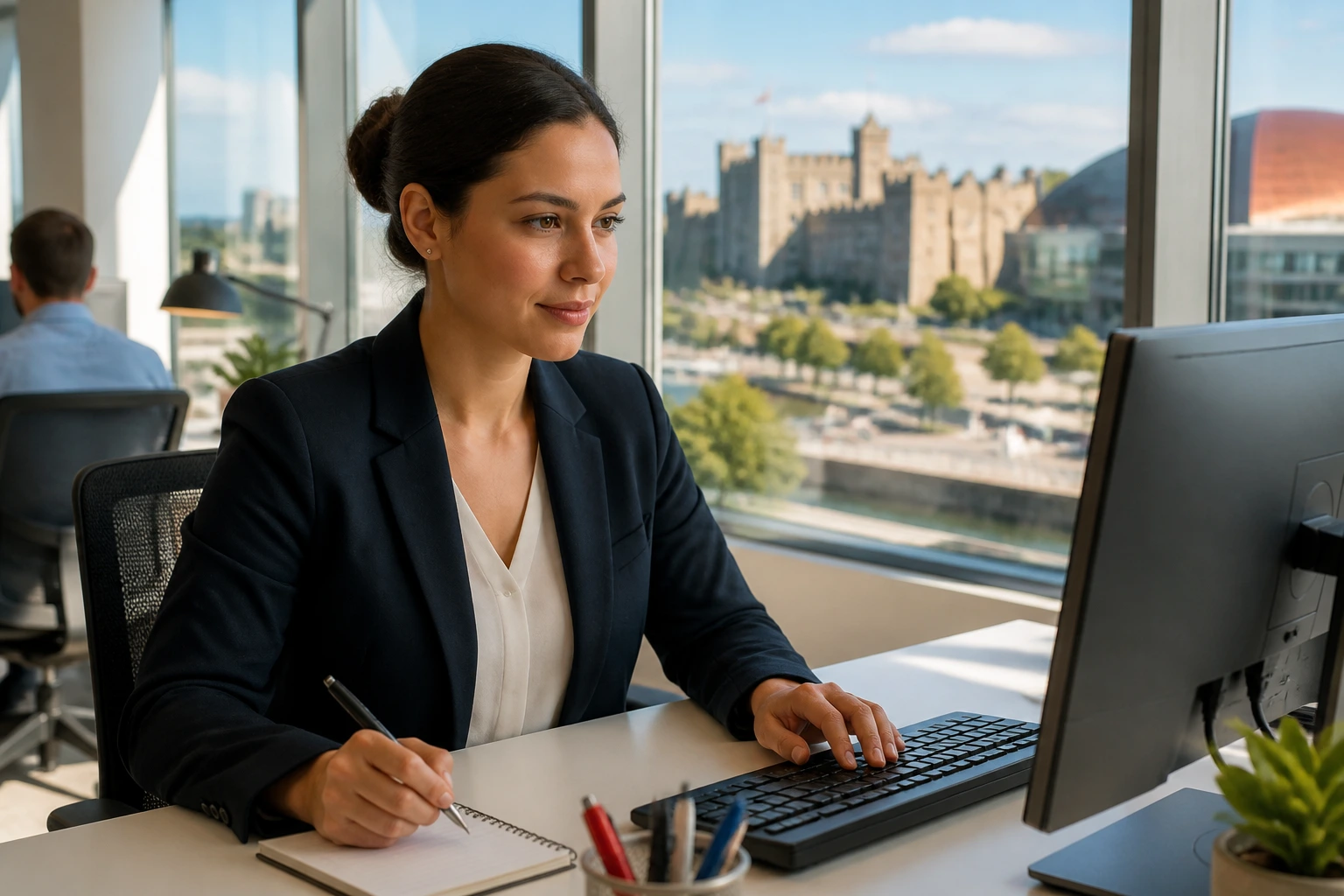 Close-up of a public sector worker at a desk in Cardiff