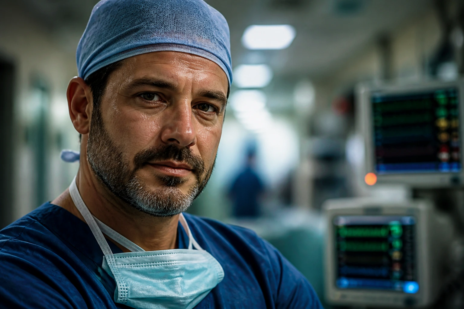 Surgeon portrait in a busy hospital corridor