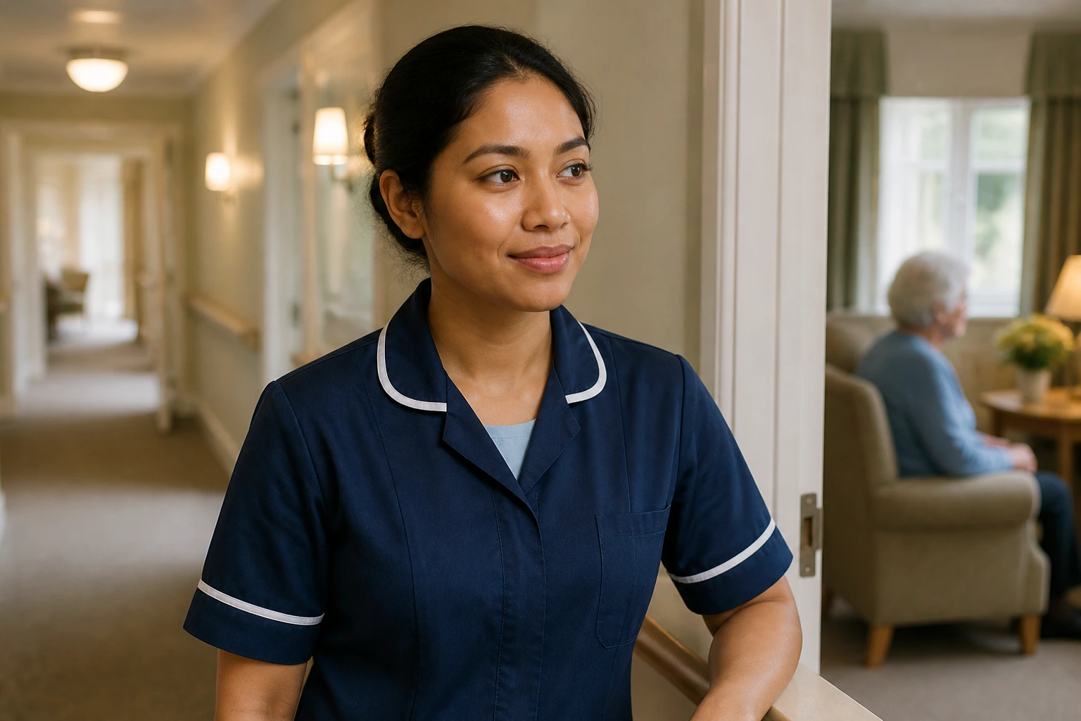 Close-up of a care home worker in uniform in a corridor