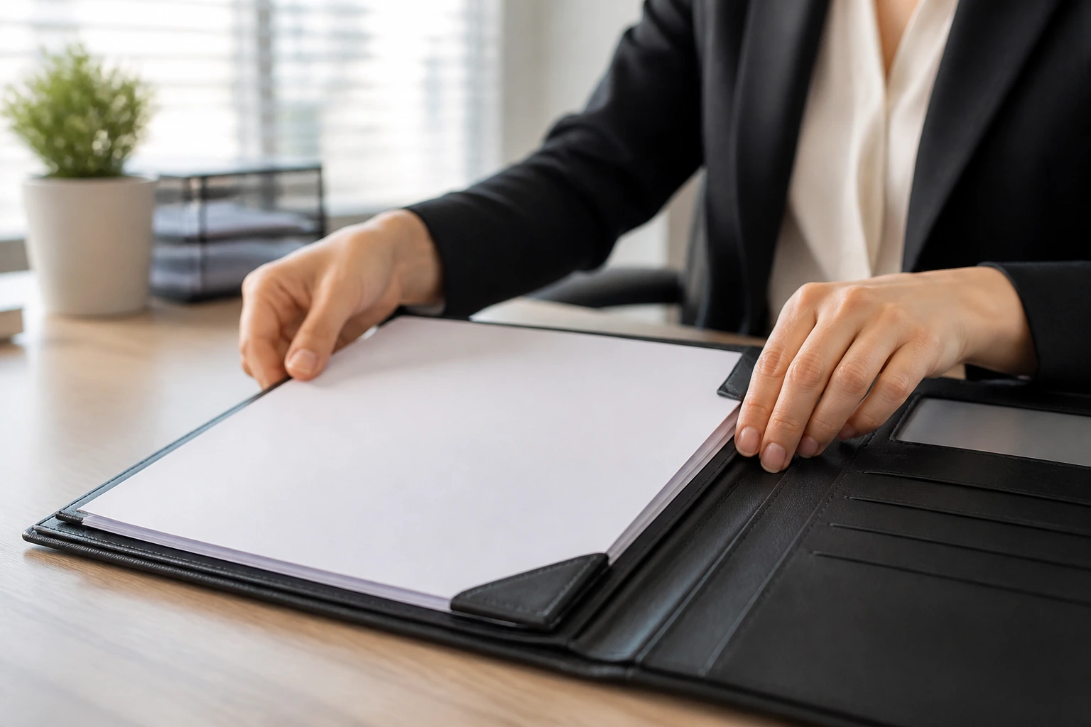 Close-up of hands organizing a care resume portfolio