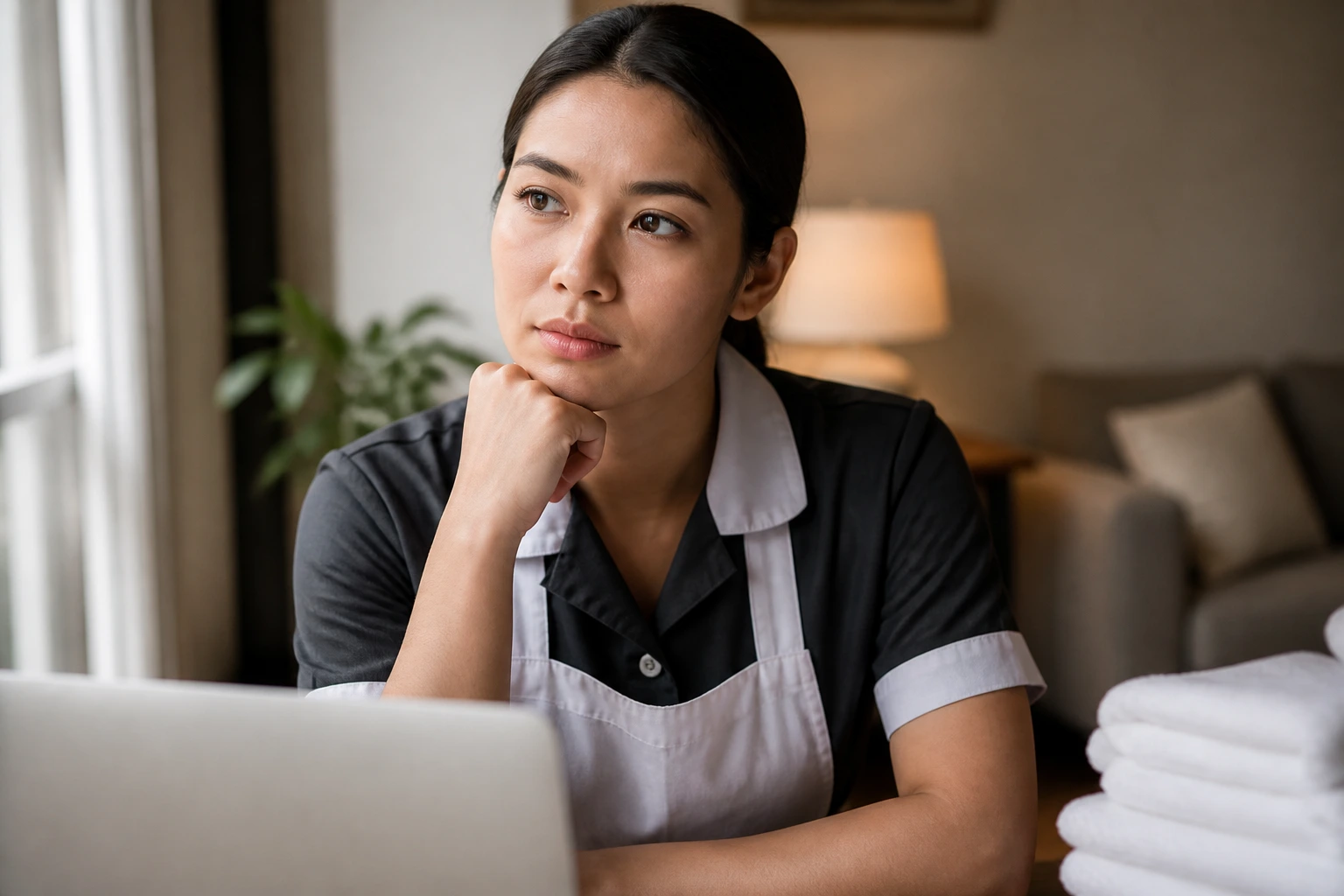 Thoughtful hotel job applicant considering career move in a calm home workspace