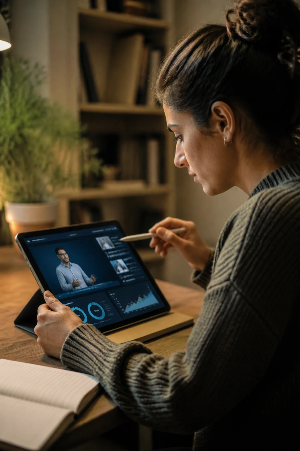 Person studying with a tablet to improve job skills in a home study space