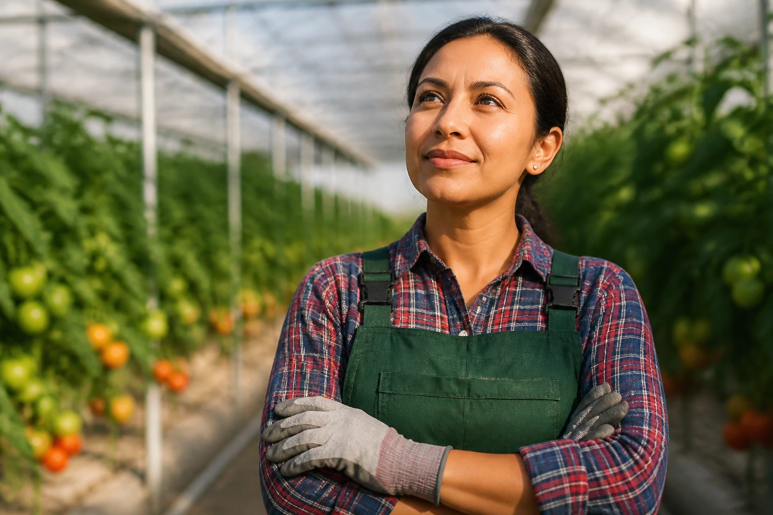 Close-up of a greenhouse worker with a hopeful expression in a sunlit greenhouse.