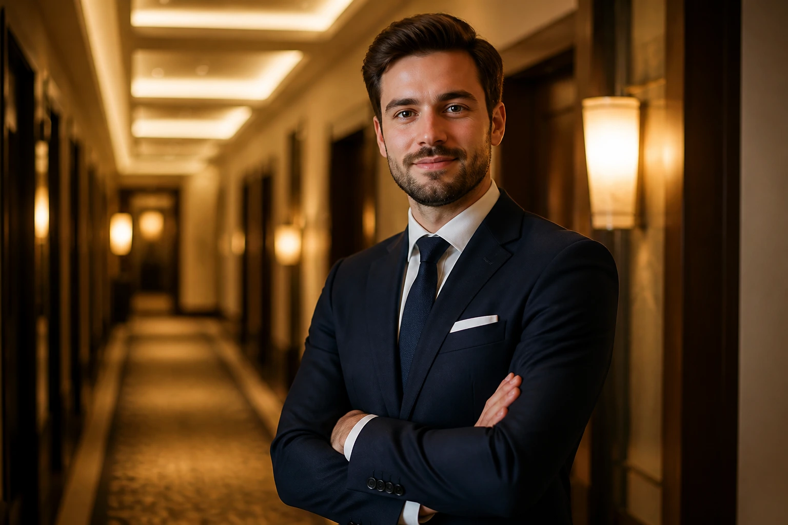 Hotel manager portrait in corridor symbolizing career growth