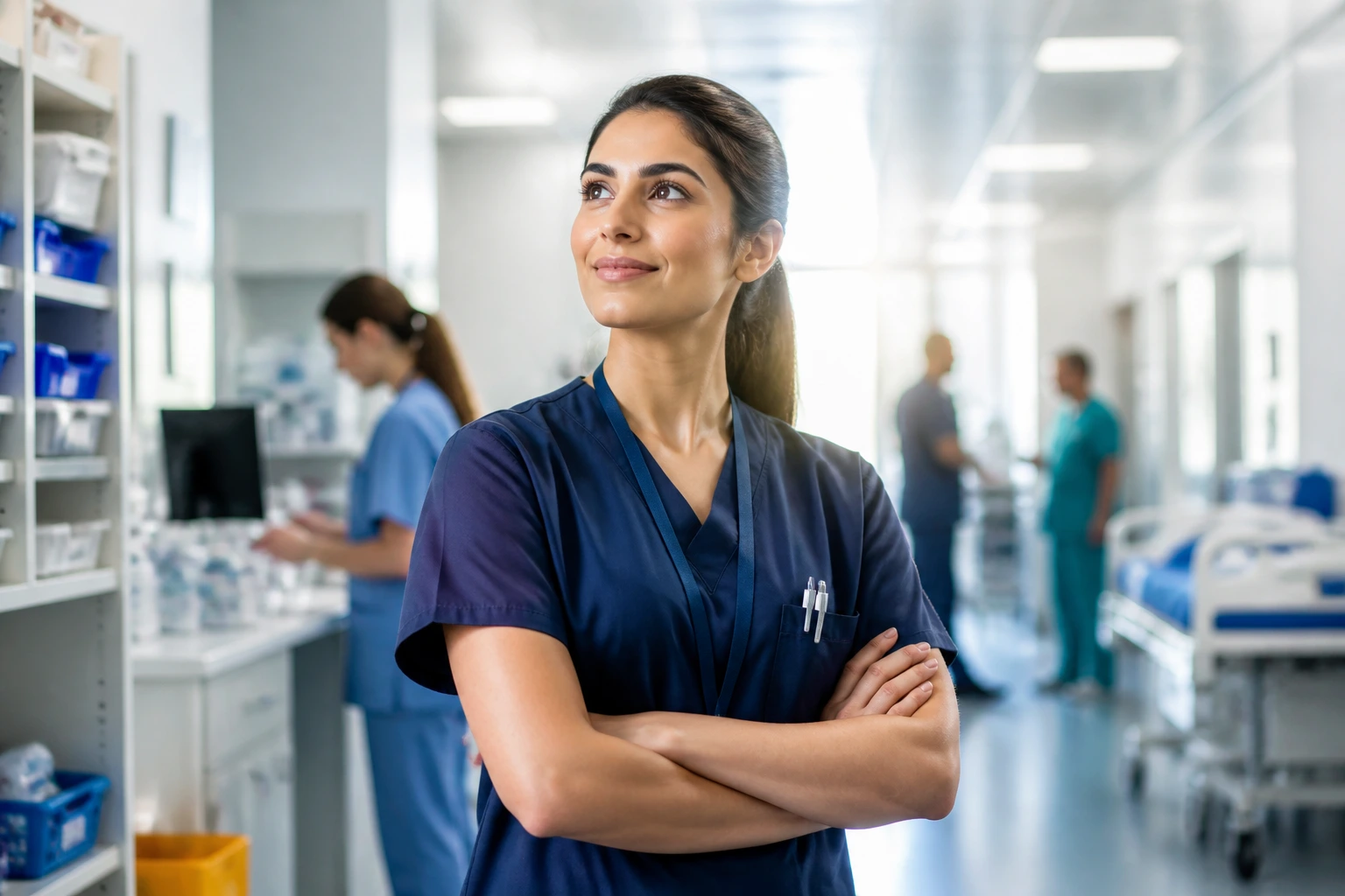 Healthcare professional in a hospital corridor with a confident pose