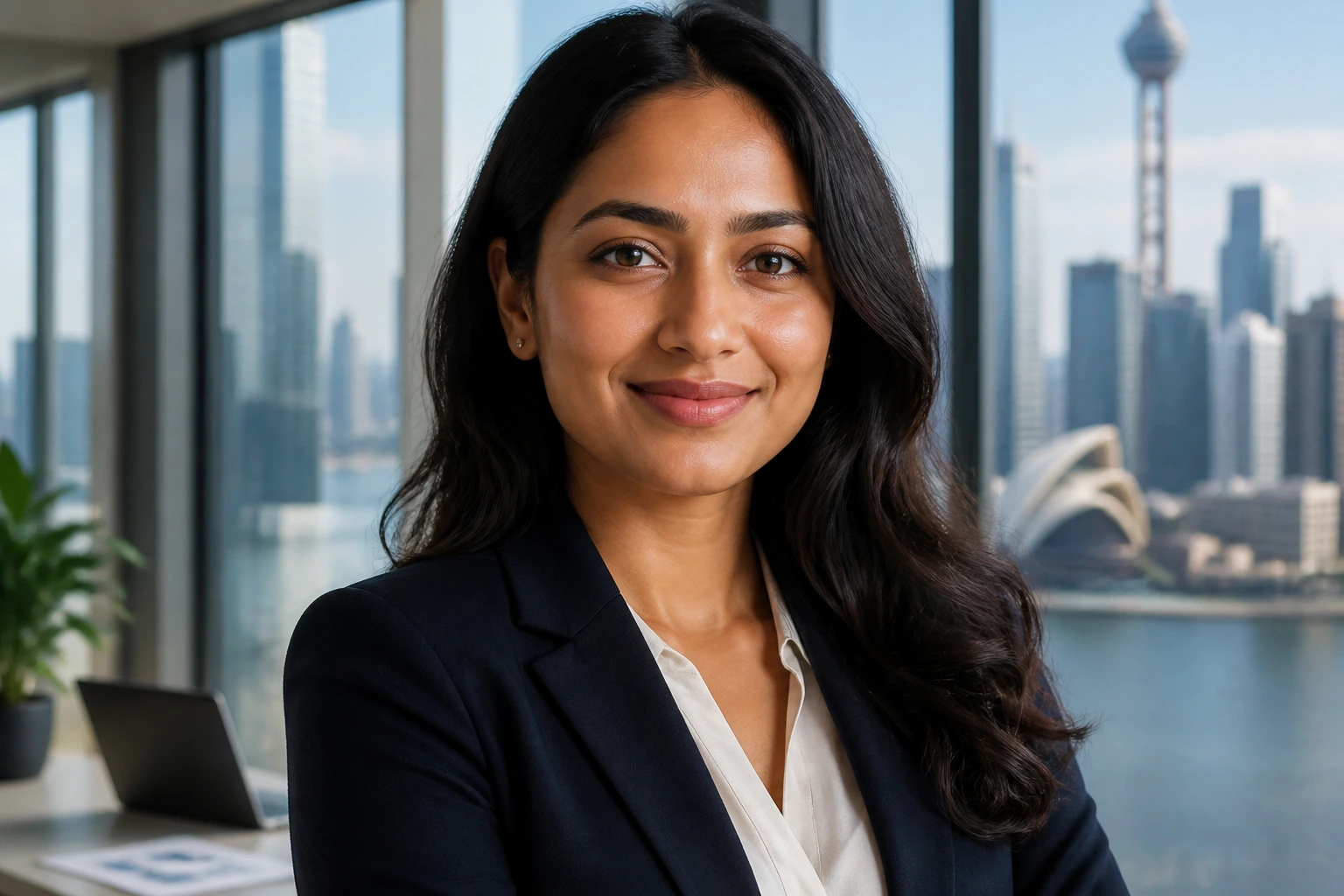 Portrait of an accountant with city skyline backdrop representing long-term residency