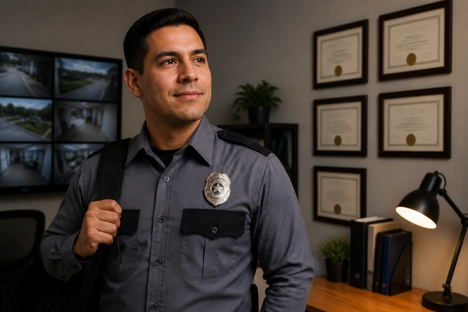 Security guard pursuing career growth after earning first badge.