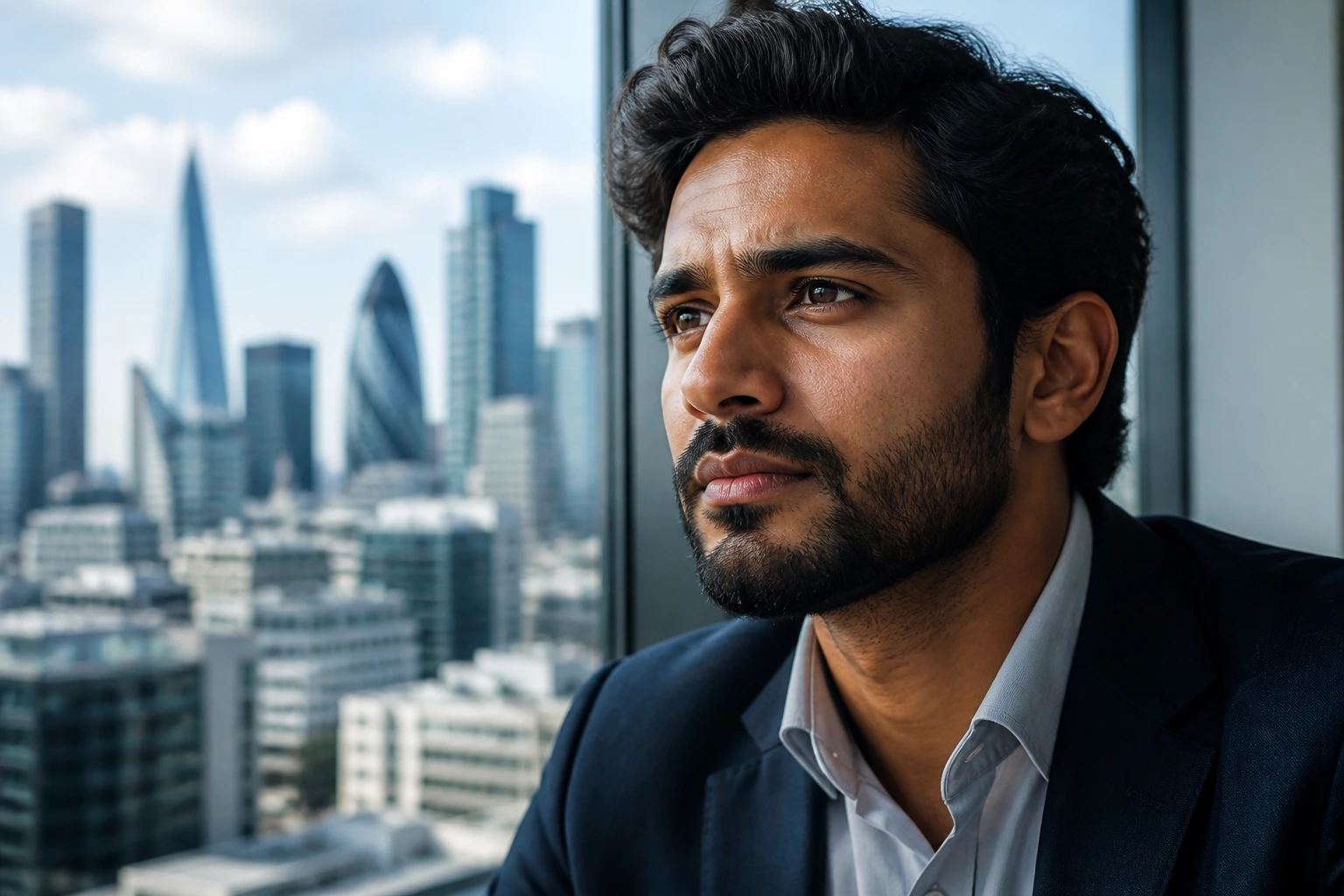 Close-up portrait of a professional in a modern office looking ahead toward career growth