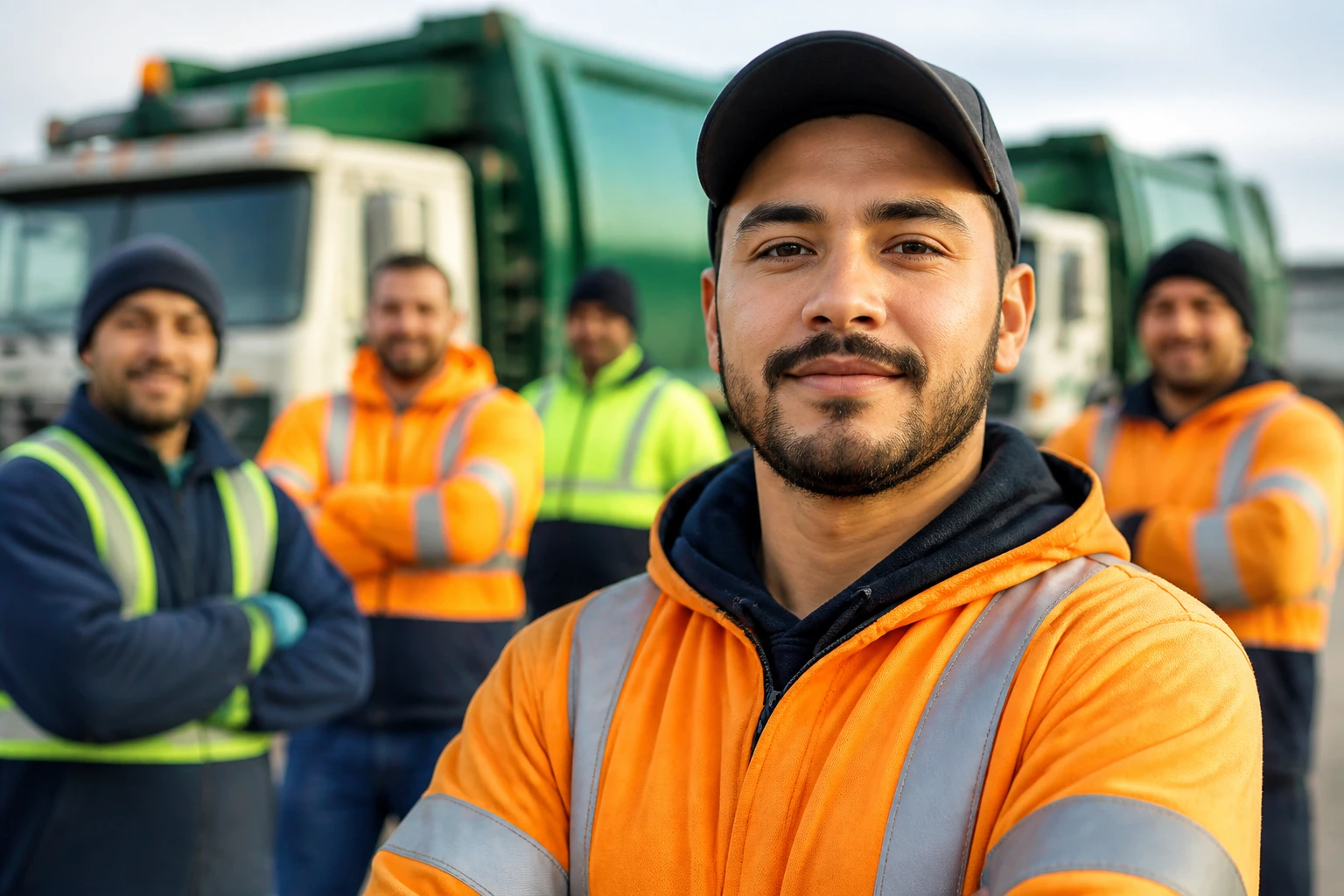 Professional close-up of a waste collection worker in uniform, symbolizing career advancement