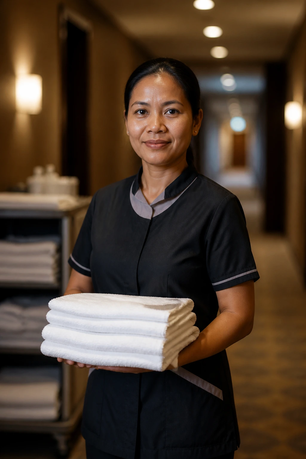 Real housekeeper in hotel hallway looking forward with determination