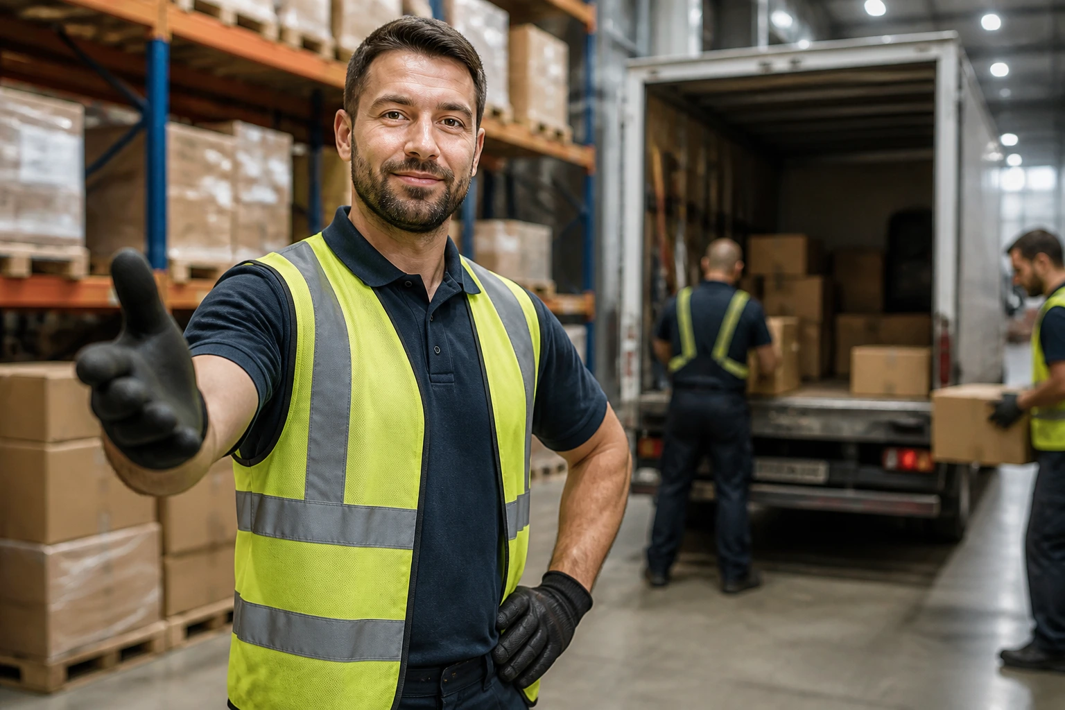 Warehouse worker portrayed ascending career ladder with confident pose