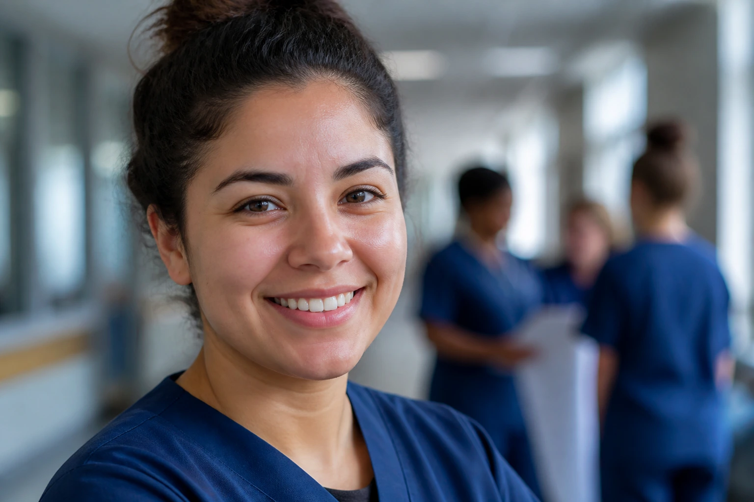 Close-up portrait of a person in a healthcare education setting, representing growth and career path
