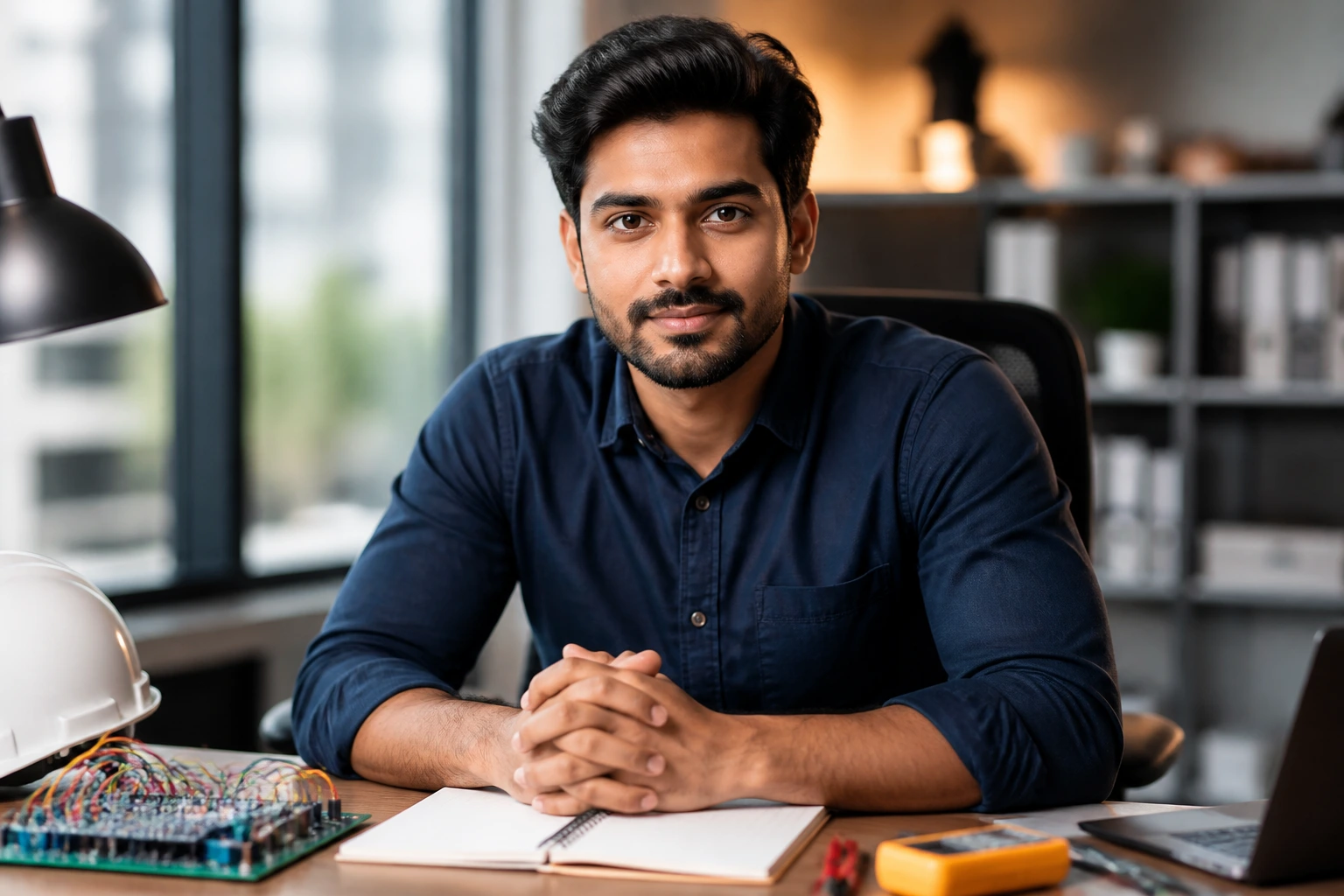 Close-up portrait of a professional electrical engineer in a modern office, signaling building a long-term career