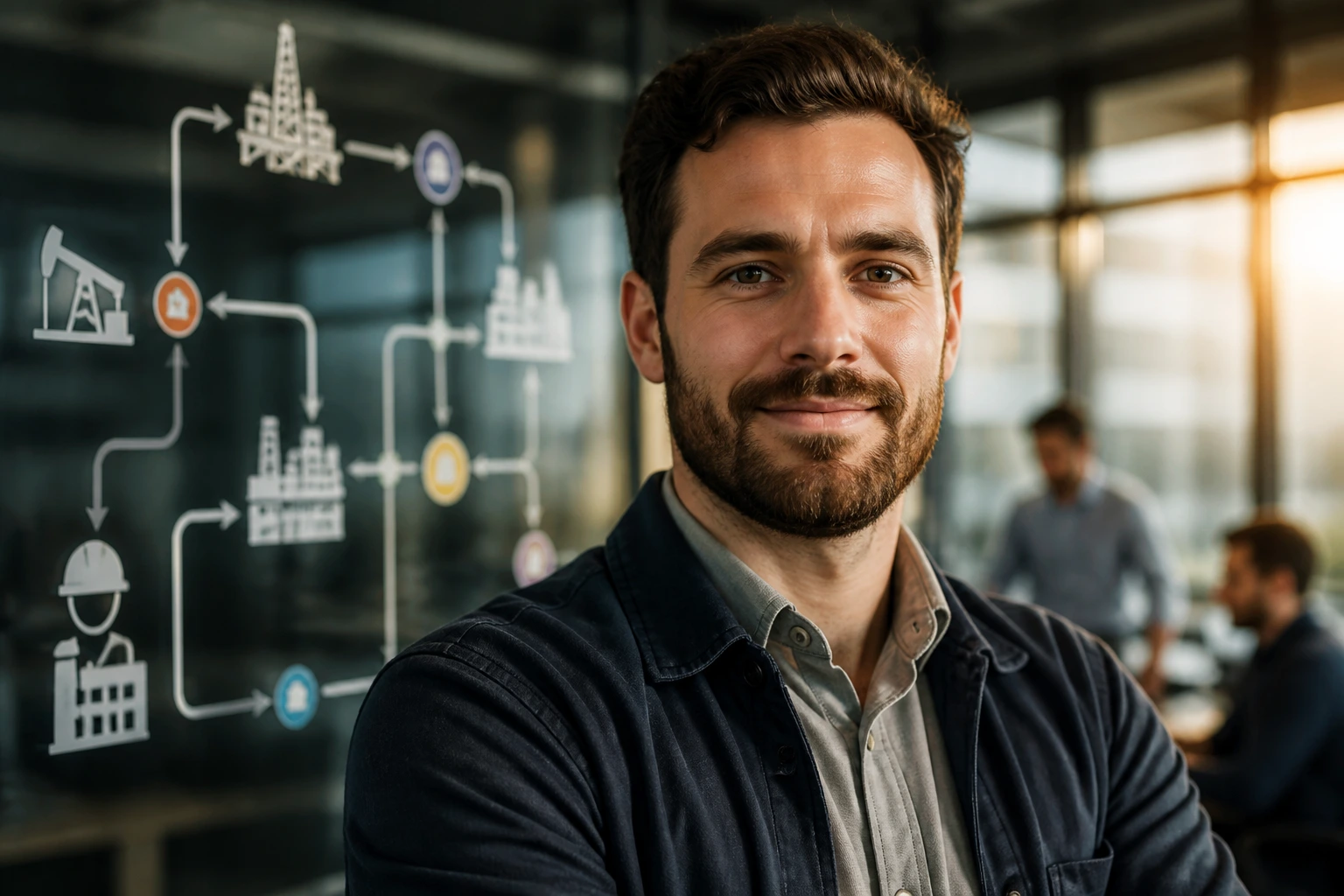 Engineer visualizing career progression in a professional setting.