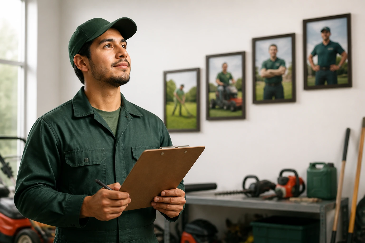 Groundskeeper portrait in workshop with blurred career progression hints