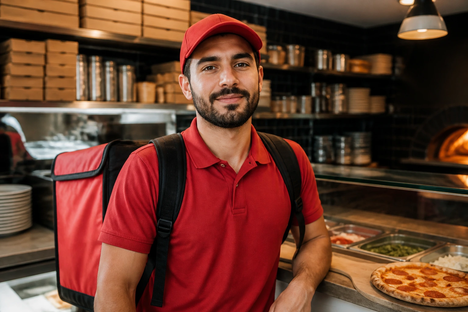 Australian pizza delivery worker behind counter signaling career progression