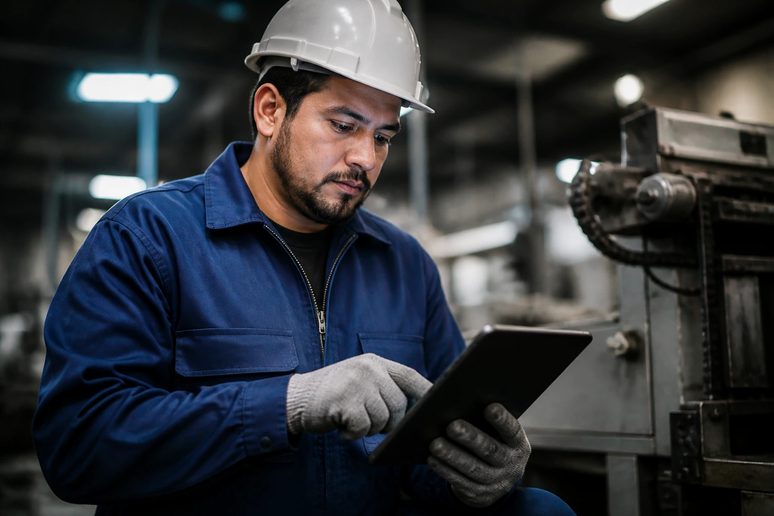 Worker in a training area examining a tablet for career growth