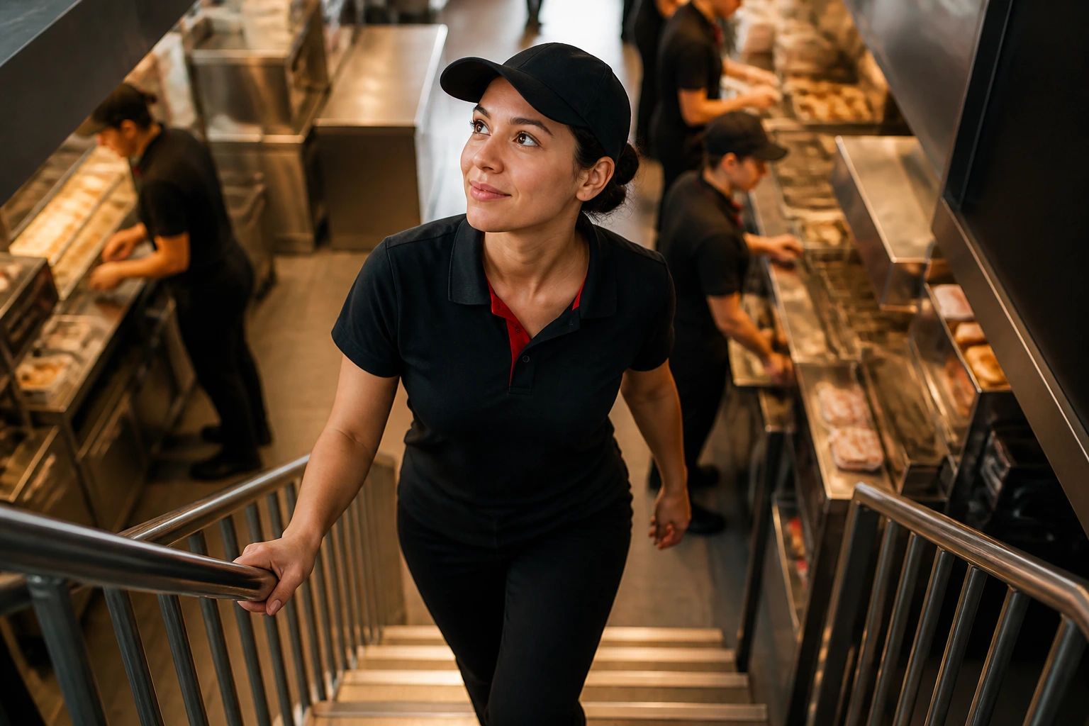 Real person climbing stairs in a kitchen, illustrating career progression