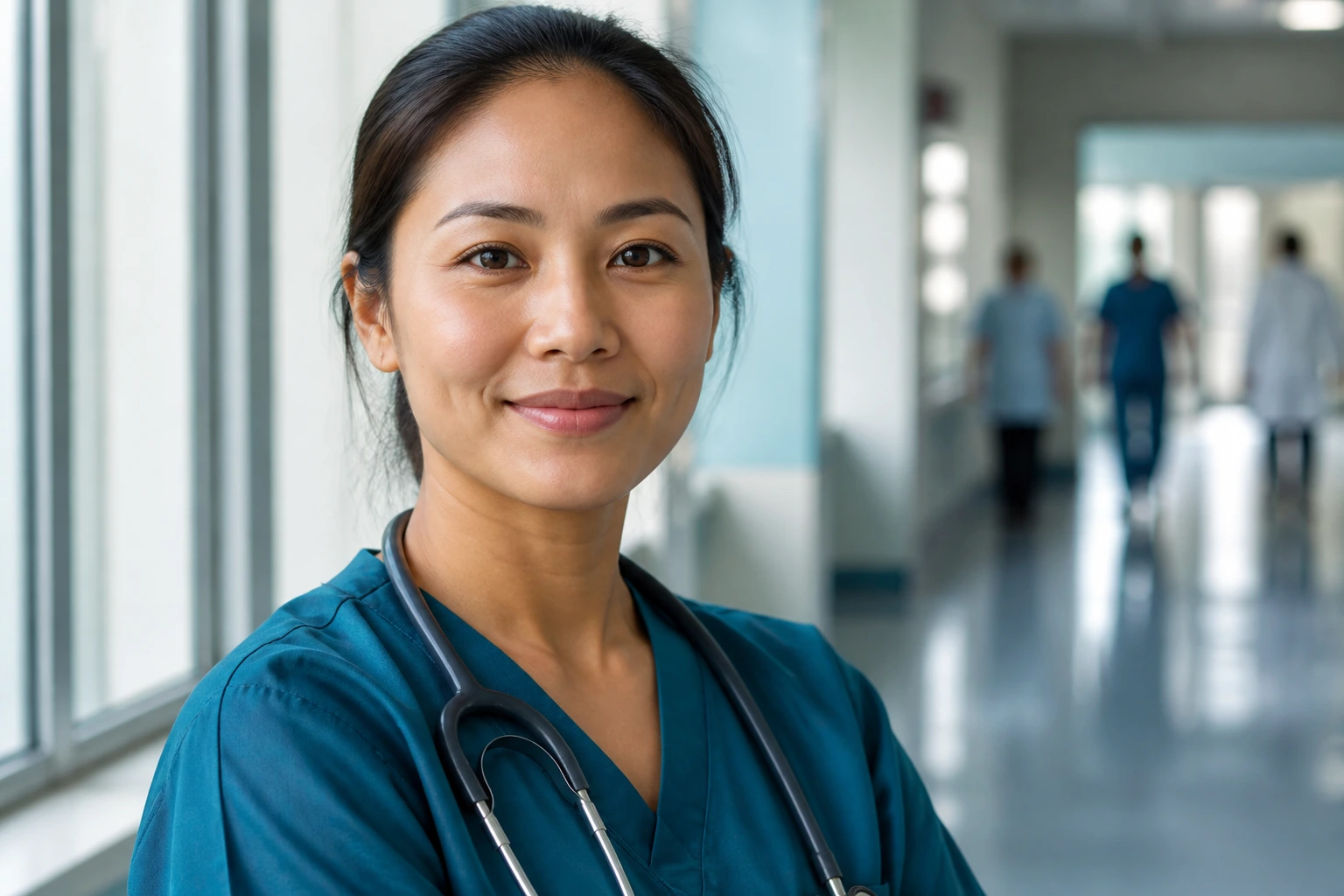 Close-up nurse portrait in a hospital corridor suggesting career growth and specialization