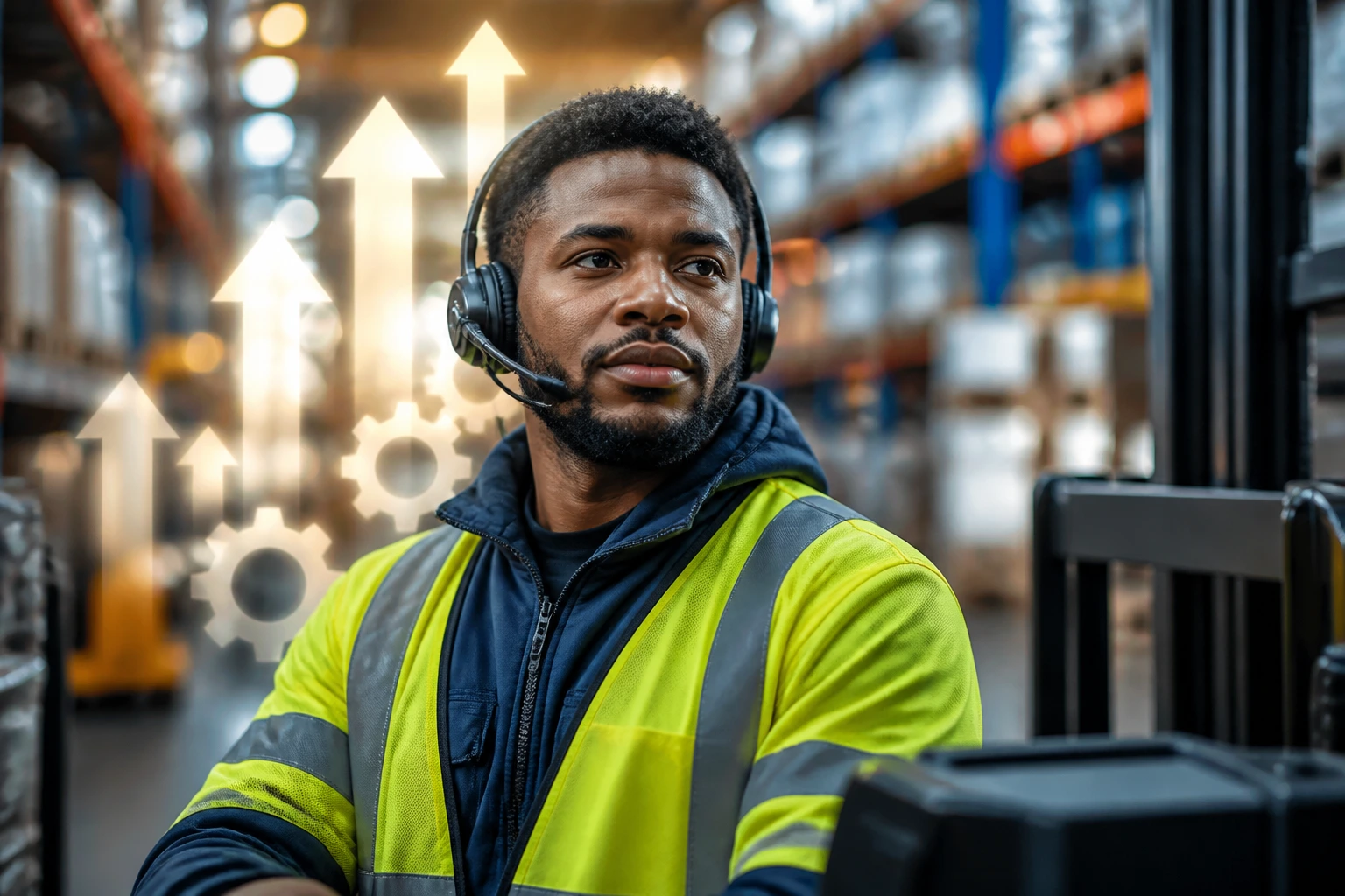 Focused warehouse worker in hi-vis jacket representing progression to sponsored logistics role.