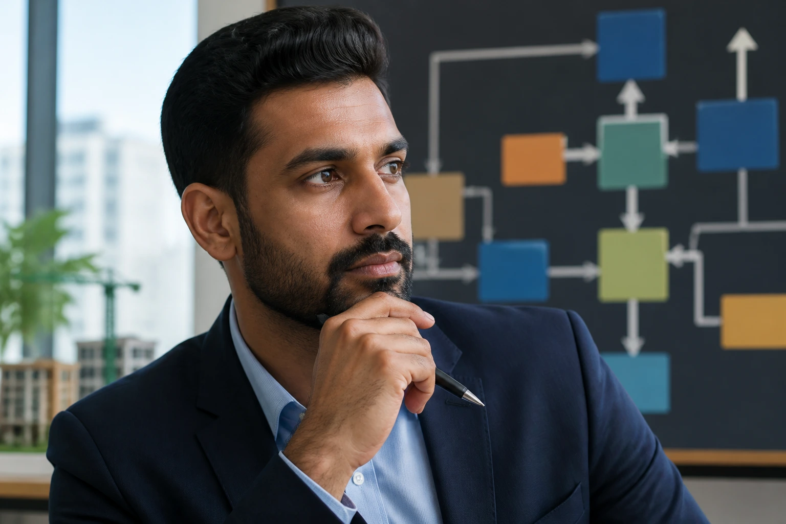 Close-up of a real professional in an office, contemplating a long-term career strategy with an abstract wall chart behind