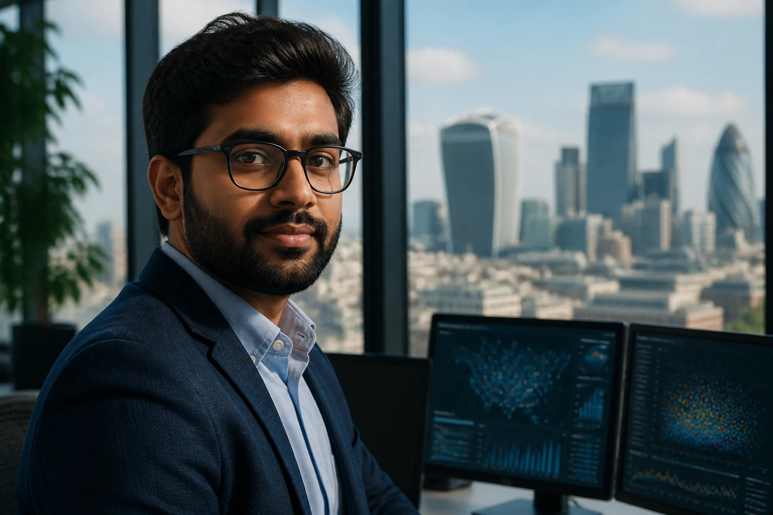 Close-up portrait of a data scientist transitioning to the UK market in a modern office.