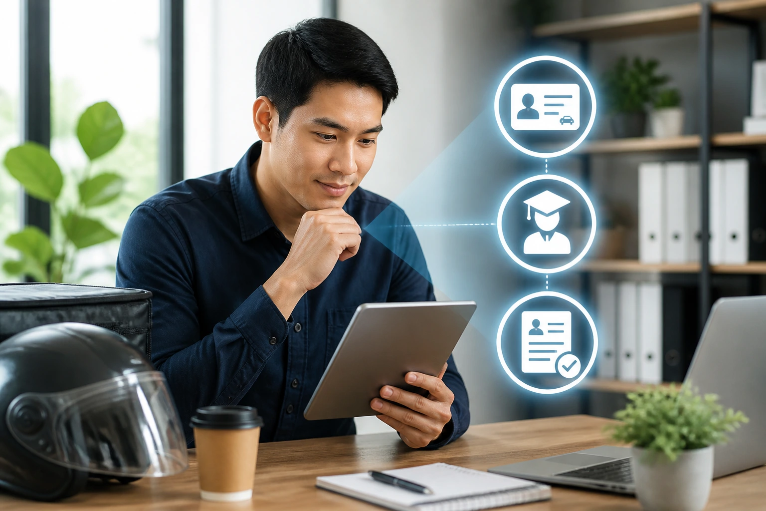 Portrait of a candidate with skill-building icons on a tablet