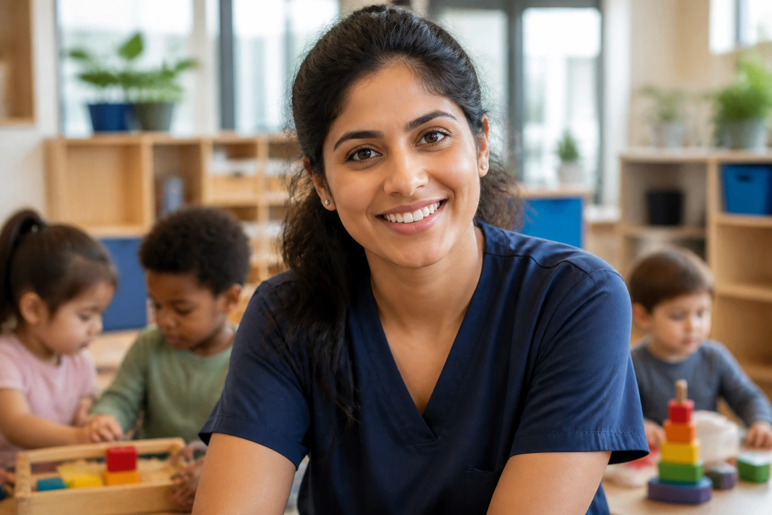 Medium close-up of a caregiver in a bright workspace, representing career growth