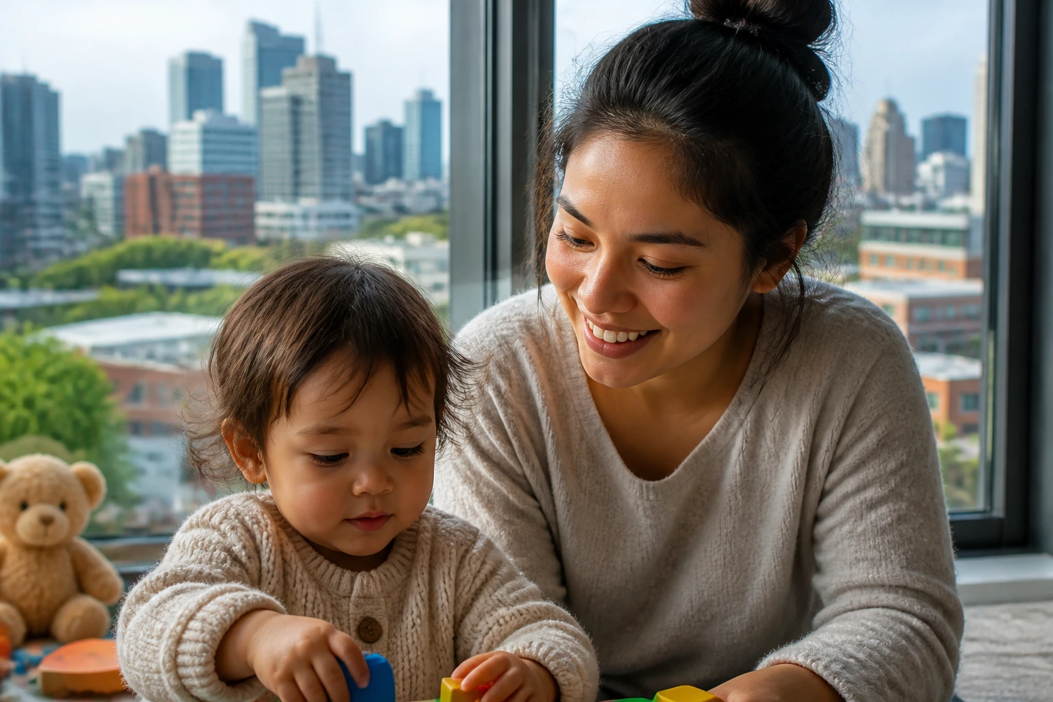 Caregiver portrait in a city apartment with skyline view