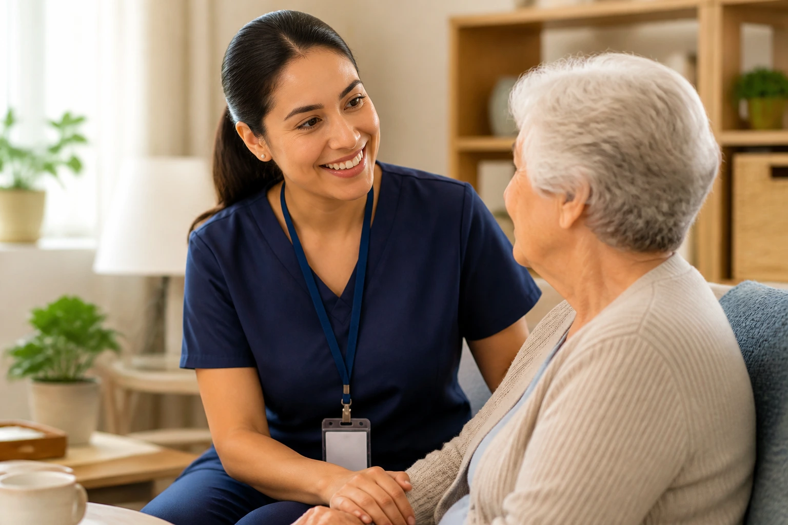 Portrait of a professional caregiver in uniform with badge in a home care setting