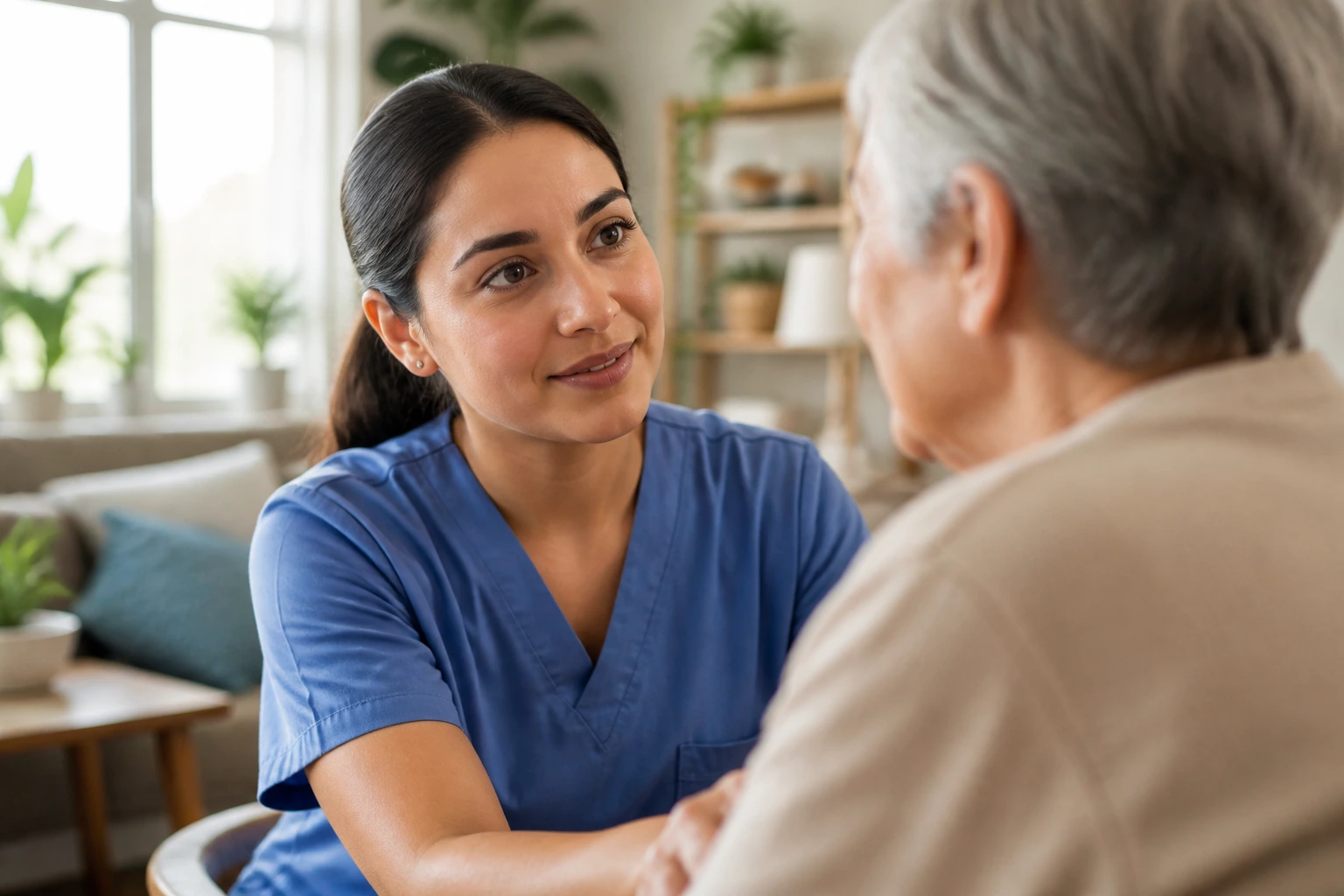 Close-up portrait of a calm home health aide, showing attentiveness in a home setting.