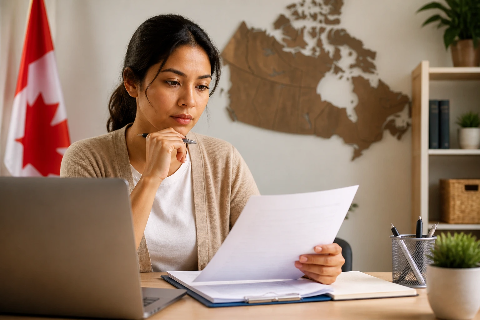 Real caregiver pathway concept presented by a focused person at a desk with generic documents and a Canada map hint