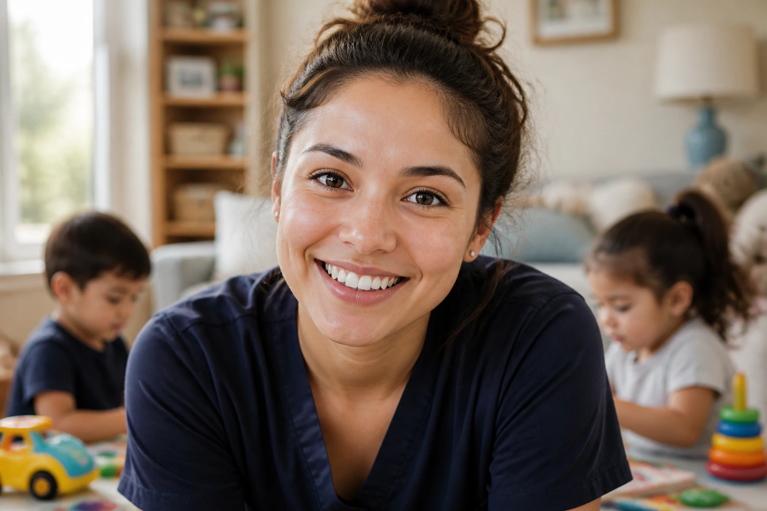 Close-up portrait of a real caregiver in a warm home setting