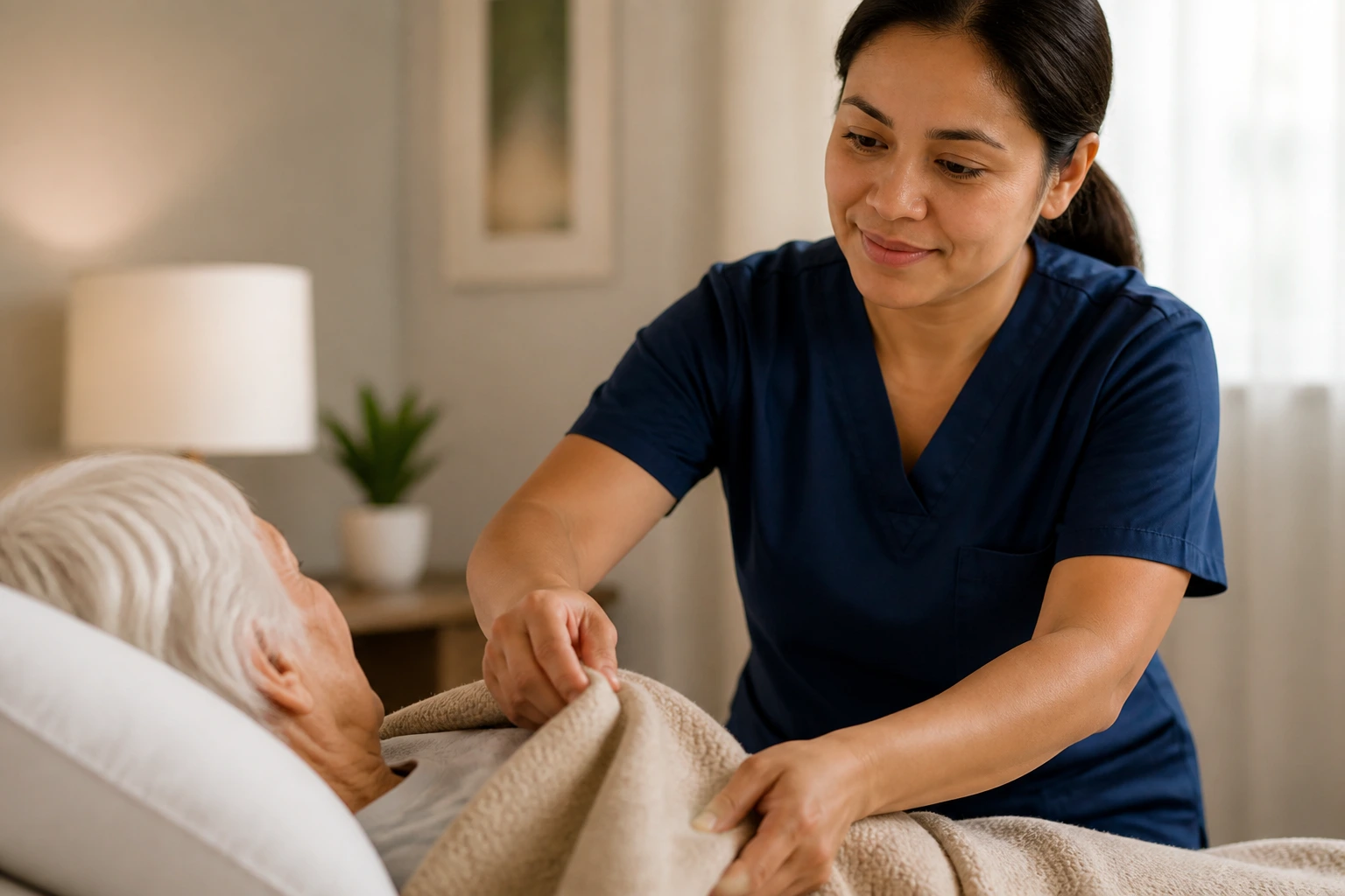 Caregiver demonstrating a caregiving skill in a home setting.