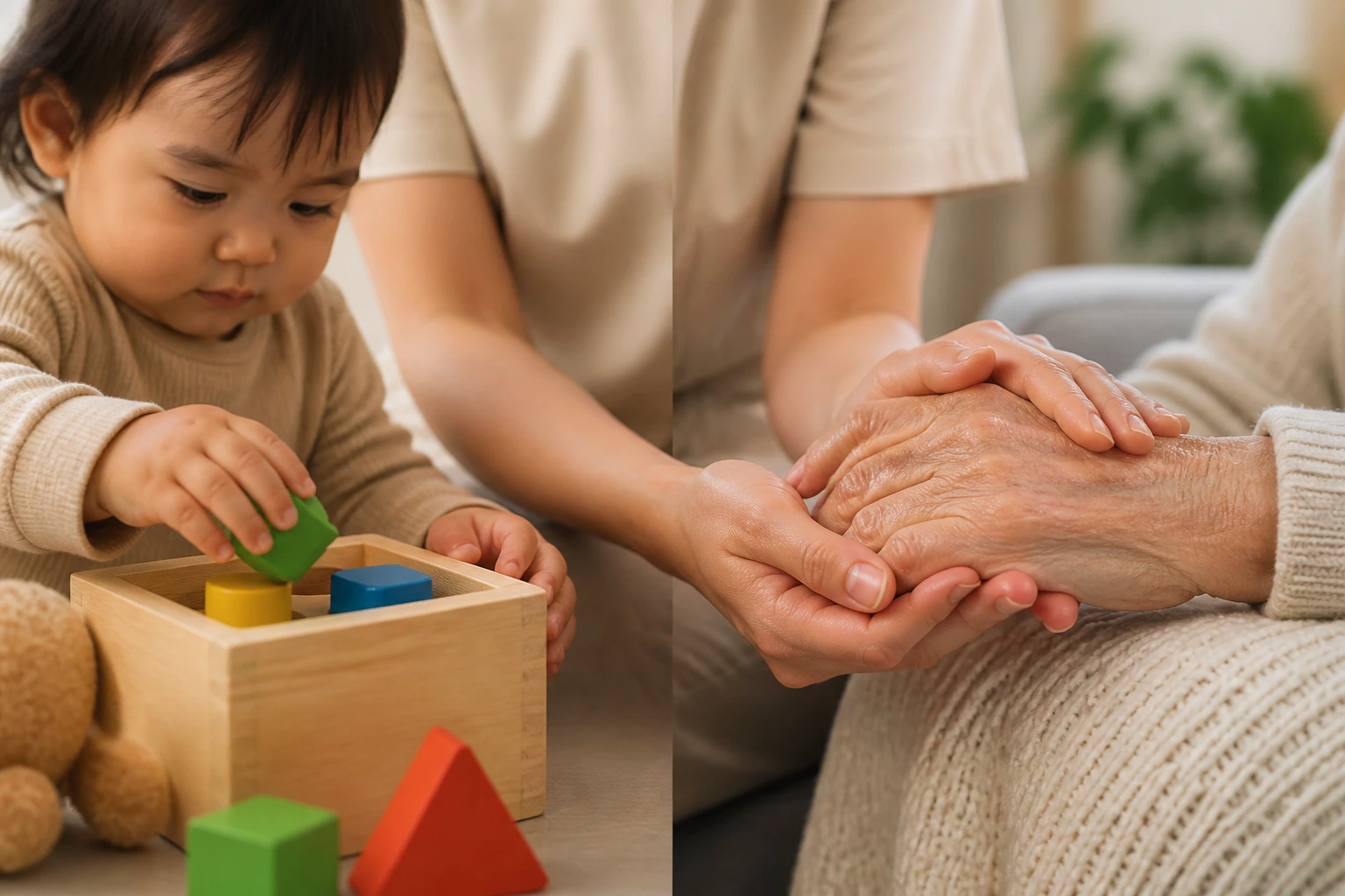 Close-up of caregiver hands depicting child care and elder care gestures in a home setting