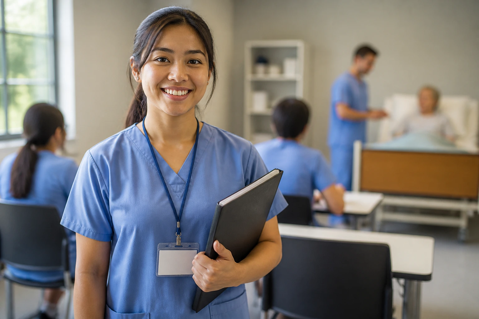 Person in a training setting with a blank badge, representing certificates.