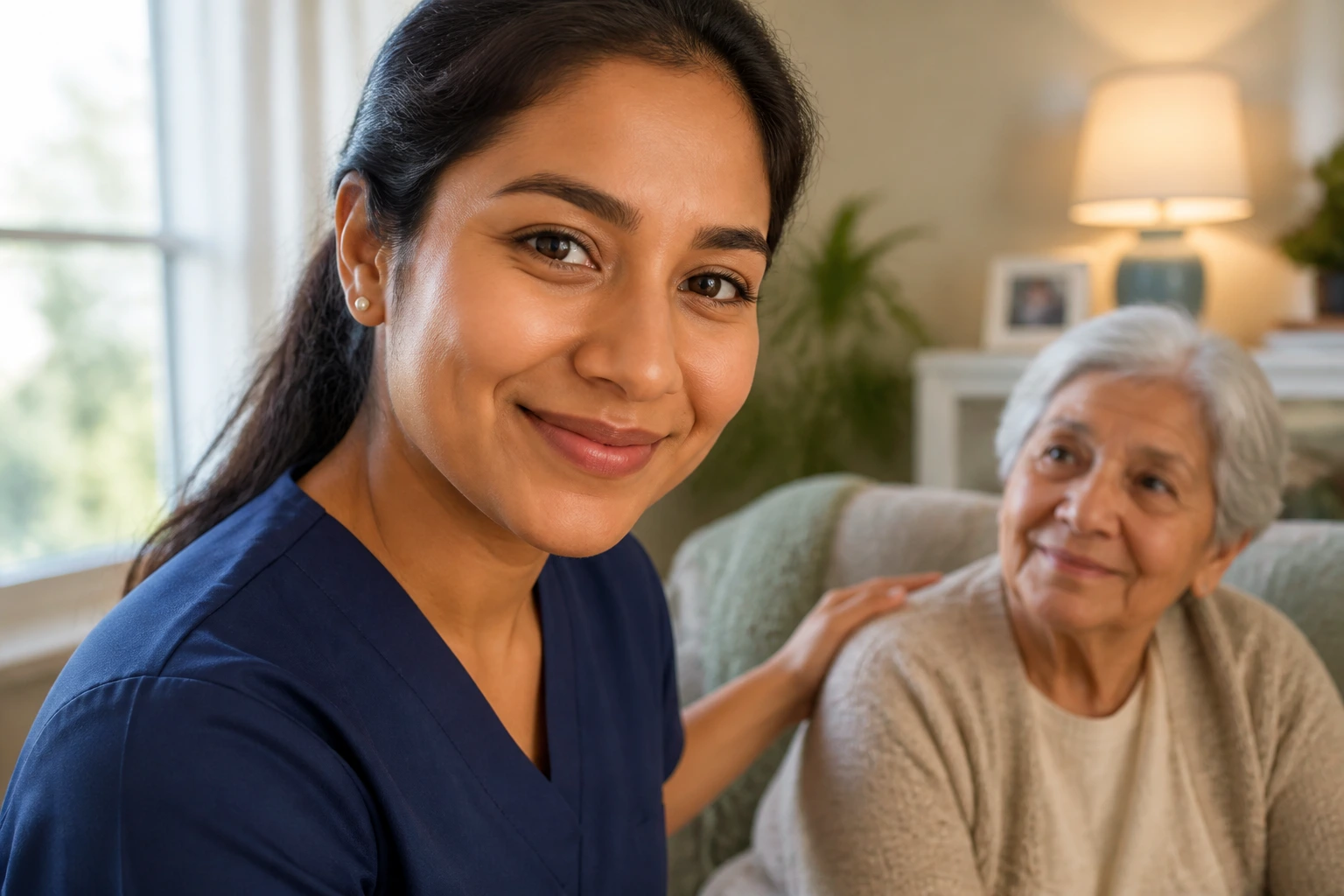 Close-up portrait of a caregiver in a cozy home setting.