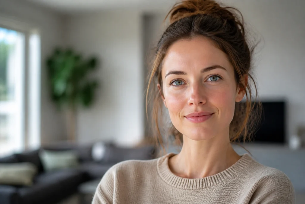 Portrait of a caregiver in a modern home illustrating different caregiving roles without props.