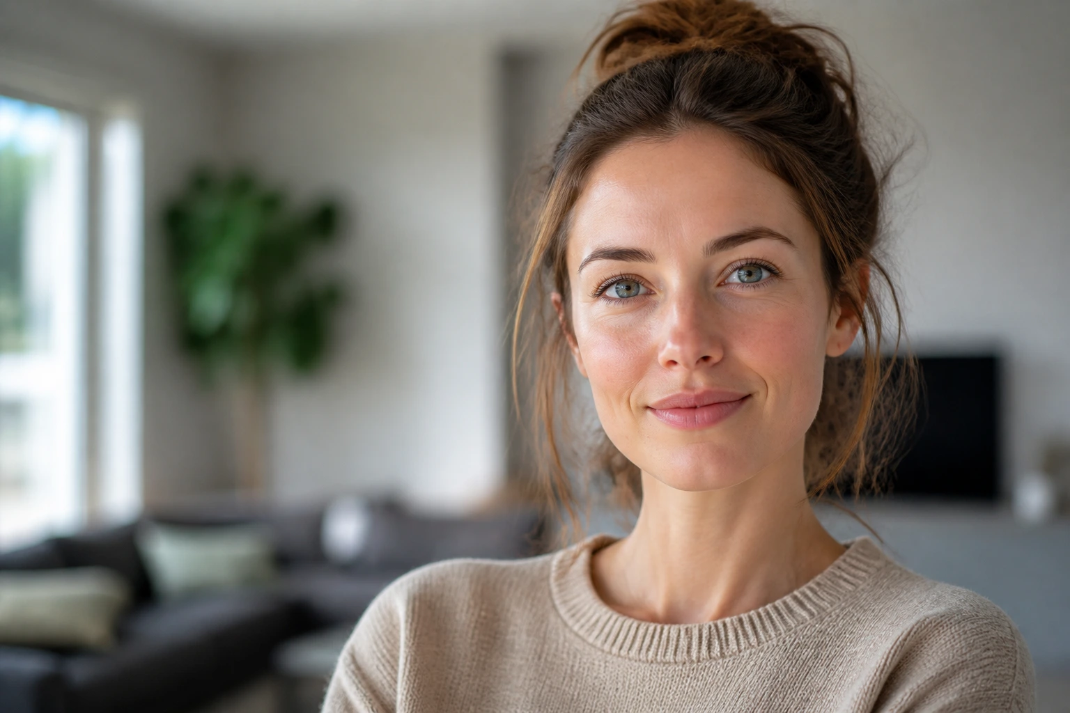 Portrait of a caregiver in a modern home illustrating different caregiving roles without props.