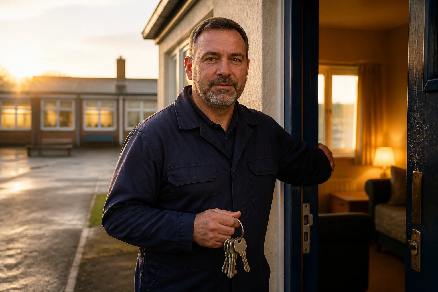 Close-up of a school caretaker in uniform at an on-site housing unit doorway with keys