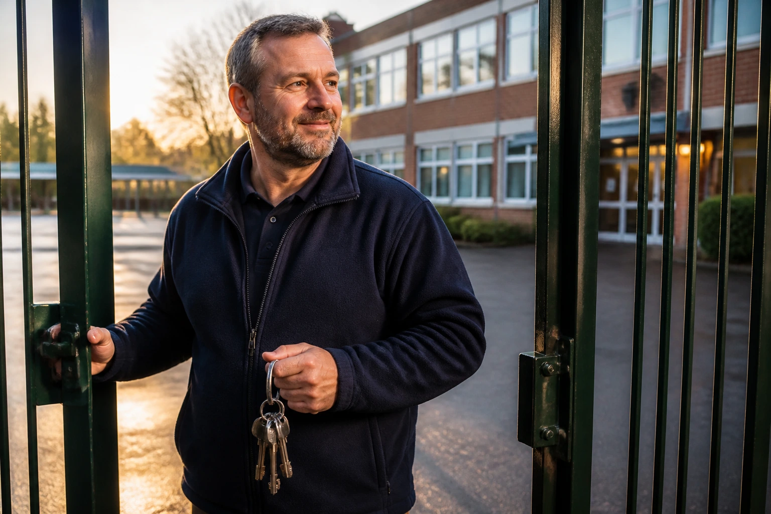 Portrait of a real school caretaker with keys at dawn by the school gate