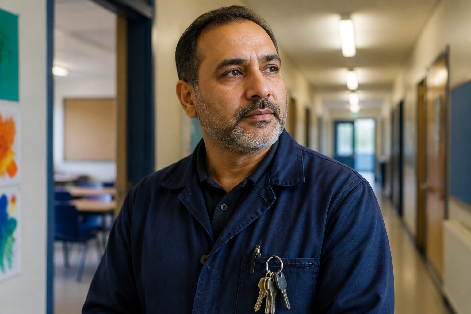 Caretaker portrait conveying school-specific judgement in corridor