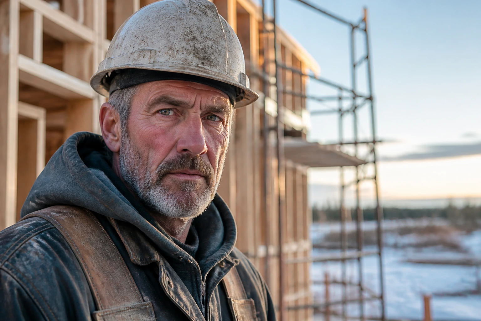 Close-up portrait of a carpenter on a sparse Canadian construction site highlighting shortage