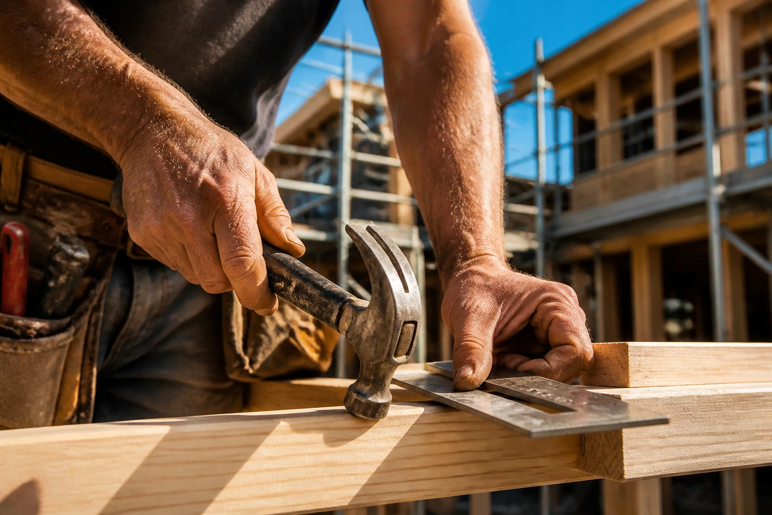 Close-up of a carpenter's hands framing timber on a construction site