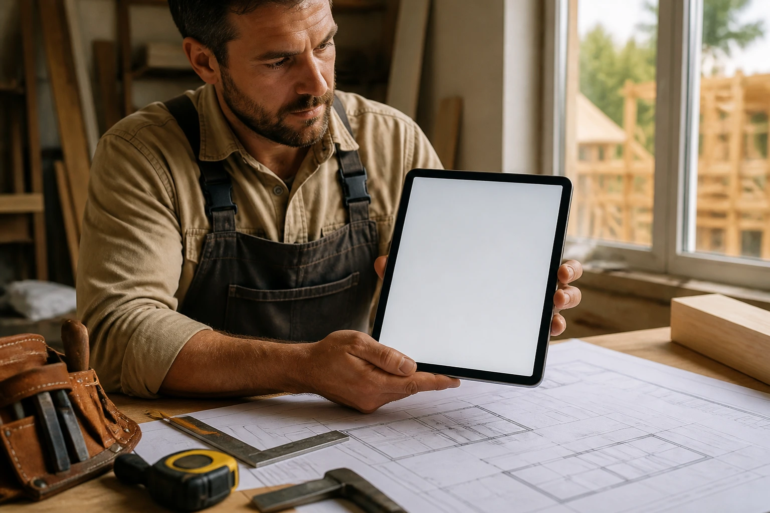 Carpenter preparing resume-like portfolio at desk
