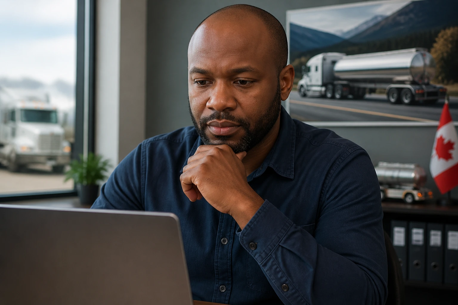 Driver evaluating carriers at a desk with a laptop in a modern office.