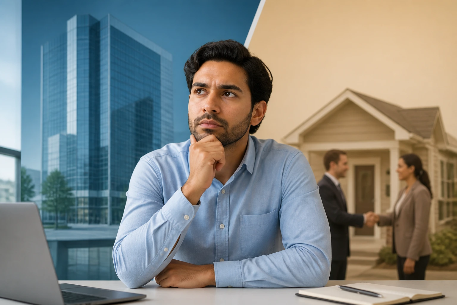 Candidate at desk with dual-tone background representing large carriers and independent agencies