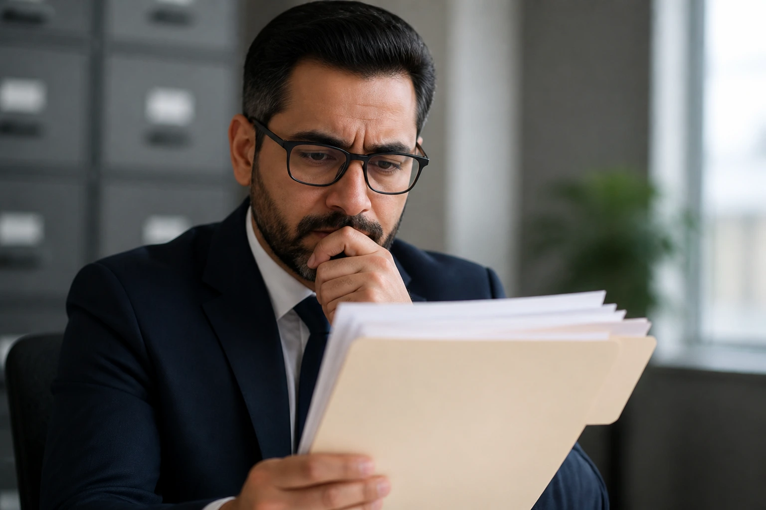 Portrait of a real person in an office, serious expression.